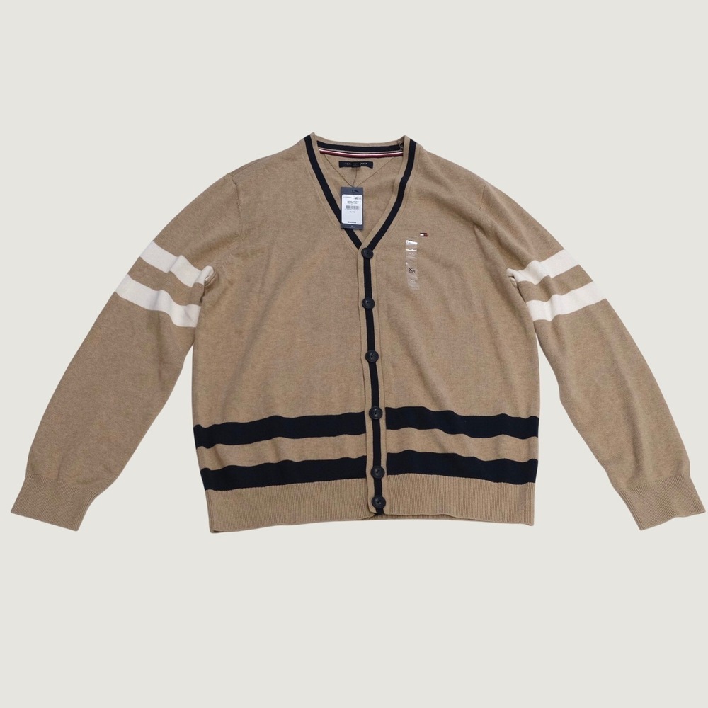 Tommy Hilfiger Cardigan Mens Tan Striped Varsity Preppy XL NWT
